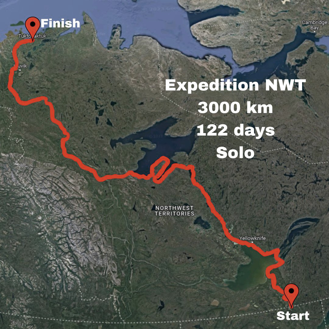 Canoe route plotted on a map from Fort Smith to Tuktoyaktuk